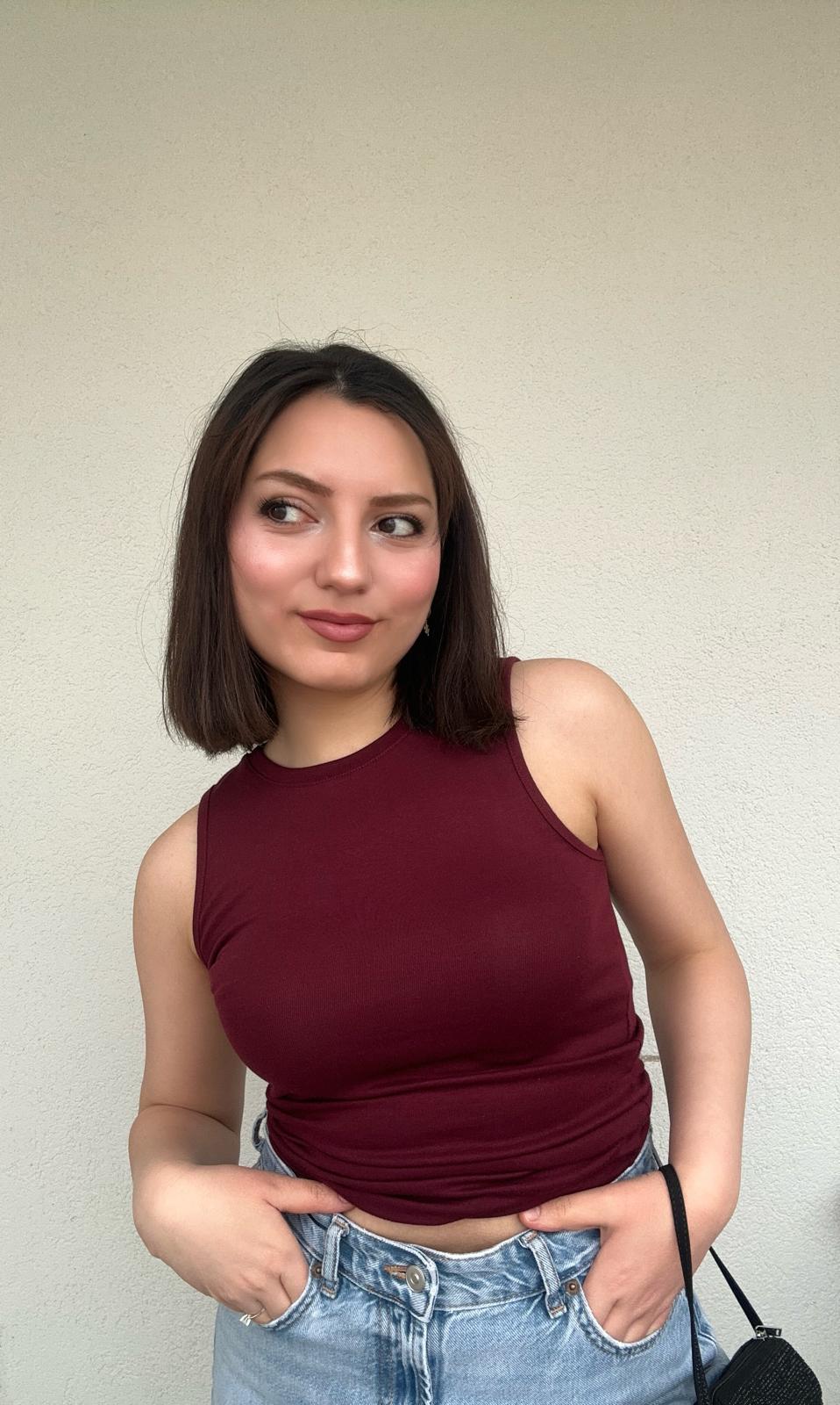 Soft Bordo Bisiklet Yaka Sıfır Kol Pamuklu Body